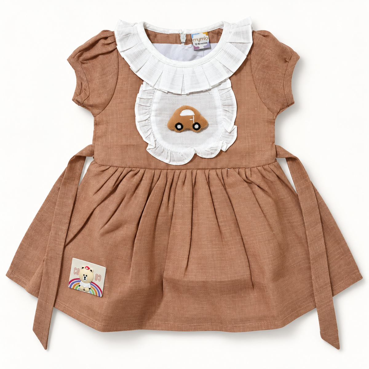 Brown car applique dress with white ruffled bib