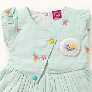 Mint dress flower buttons and embroidery detail