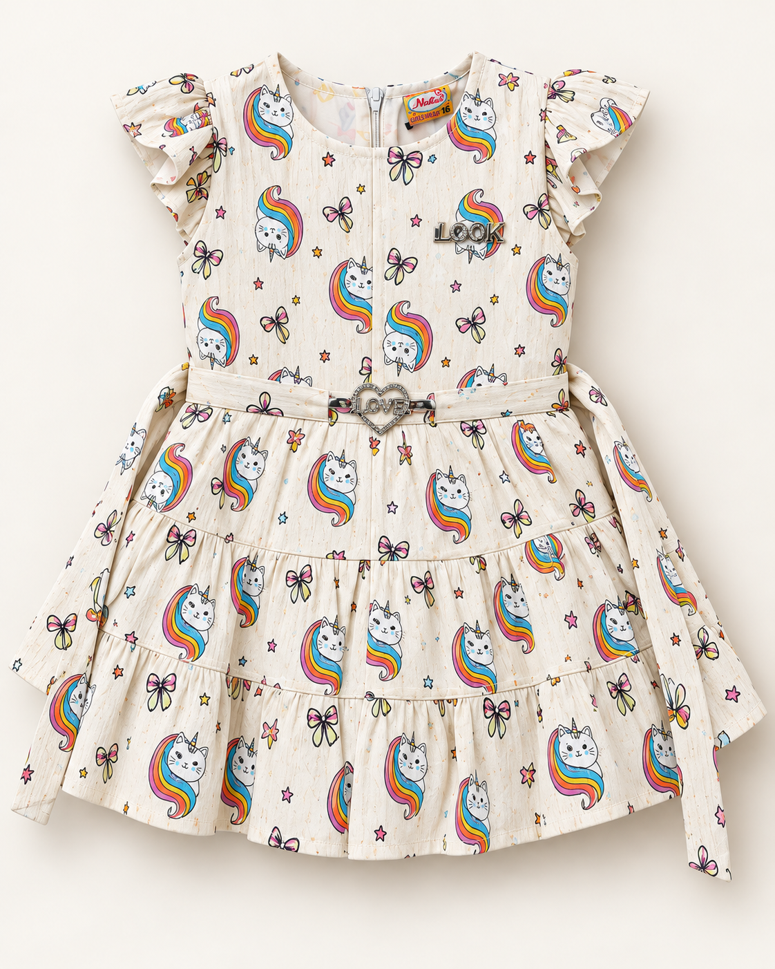 Cream rainbow cat print girls dress with flutter sleeves and heart buckle from Inaabia 4-dress combo set