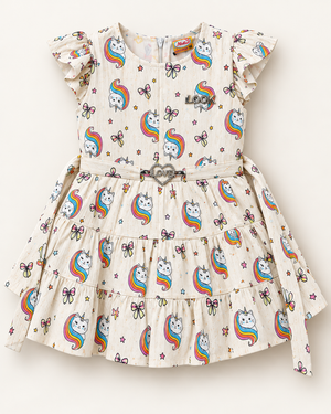 Cream rainbow cat print girls dress with flutter sleeves and heart buckle from Inaabia 4-dress combo set