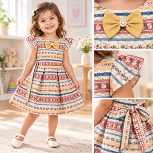 Showcase image of multicolour striped floral girls dress with bow and detail panel