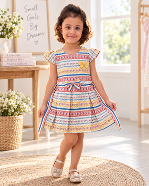 Young girl wearing striped floral Inaabia dress with yellow applique and waist bow