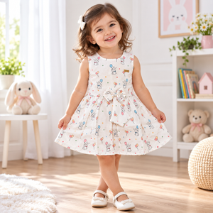 Lifestyle image of white bunny balloon print dress for girls age 2 to 3 years