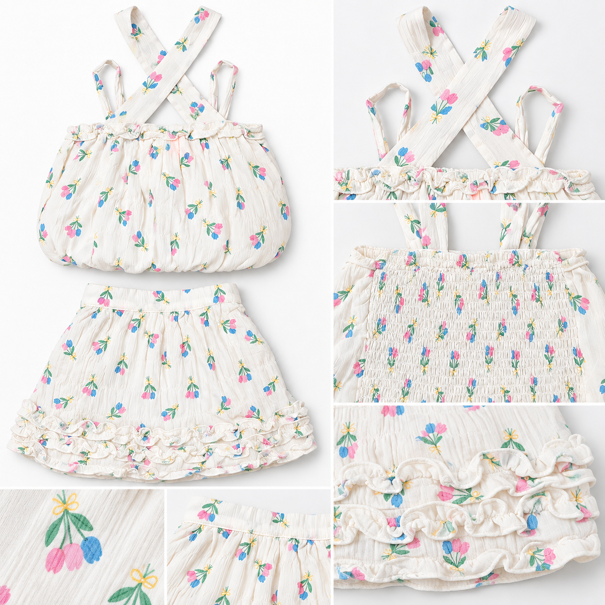White floral girls two-piece outfit with cross straps and ruffled skirt